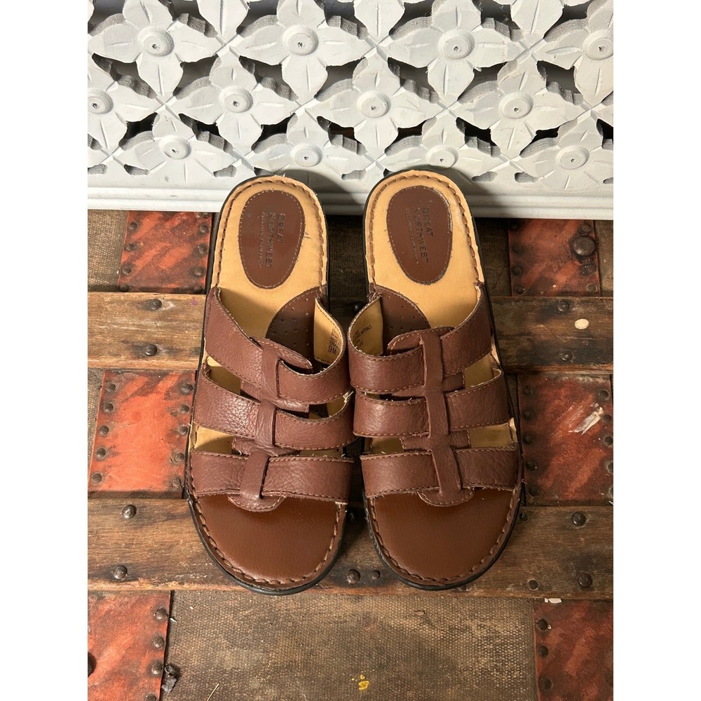 Great Northwest Brown Leather‎ Slide Sandals Womens Size 9M Low Wedge Slip On